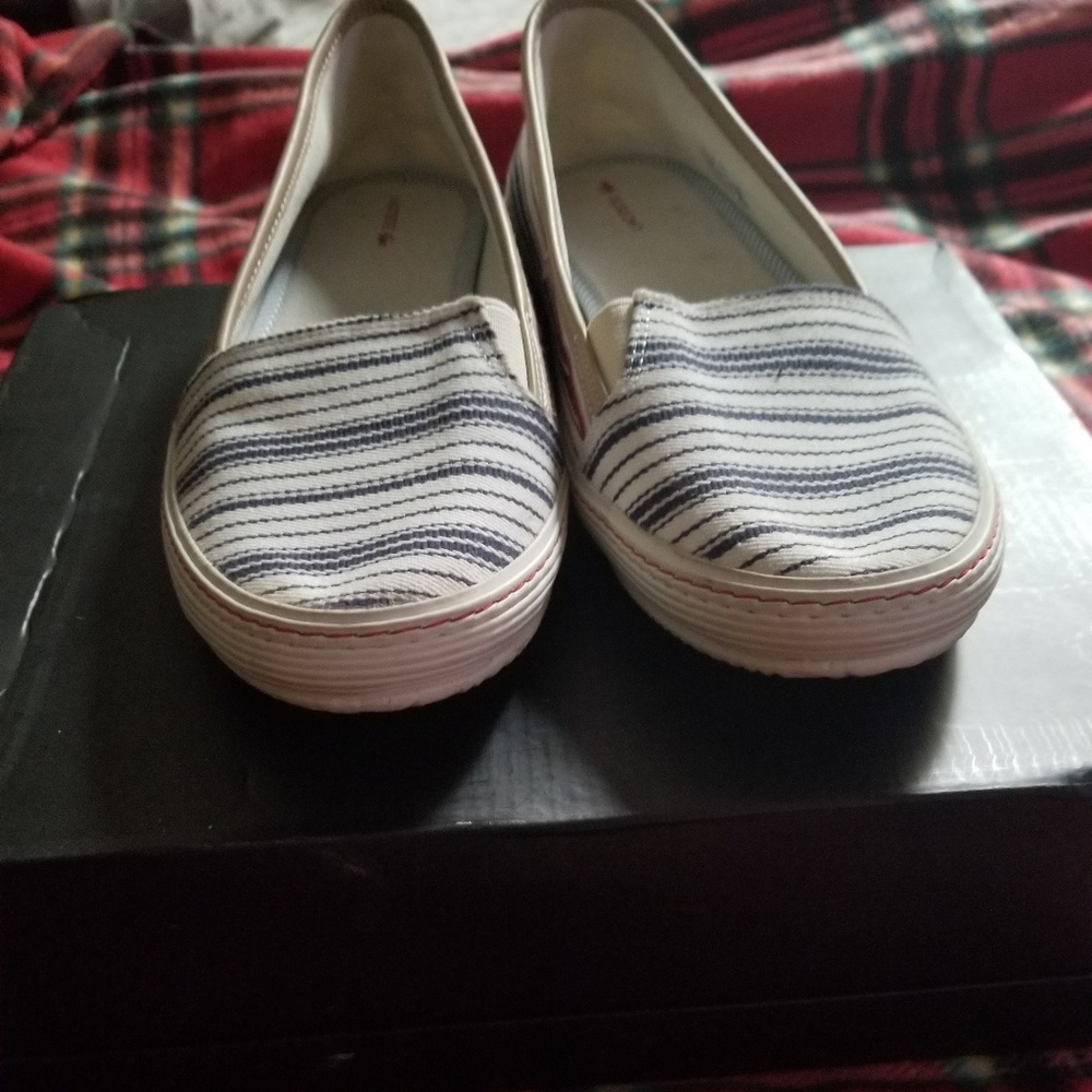 Blue and White Stripe Lacoste shoes